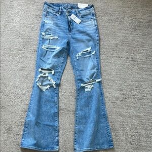 American Eagle Super Hi-Rise Flare Light Blue Distressed Flare Jeans